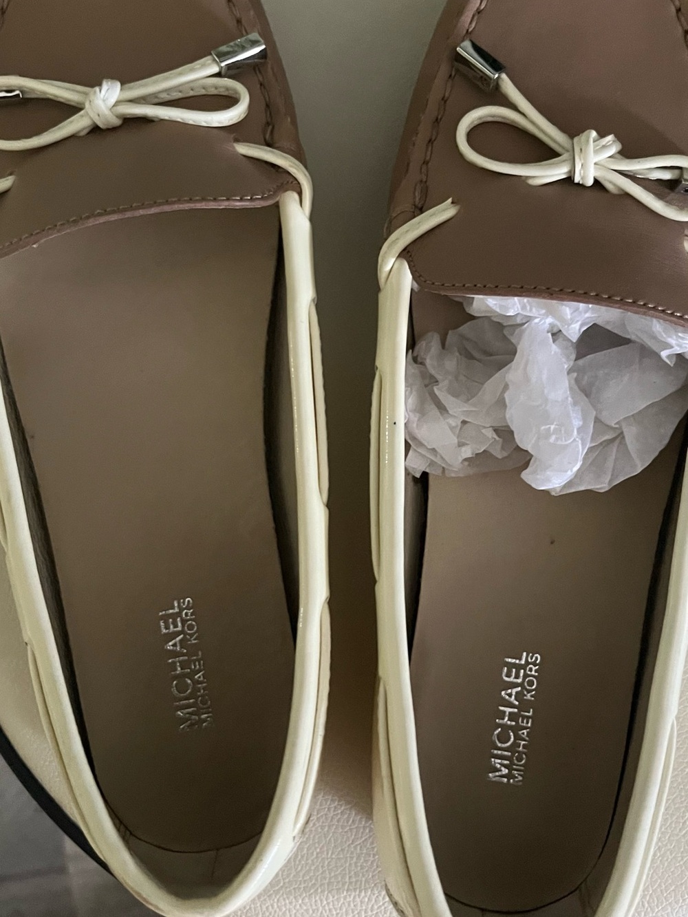 Michael Kors Taupe and Cream Leather Bow Loafers